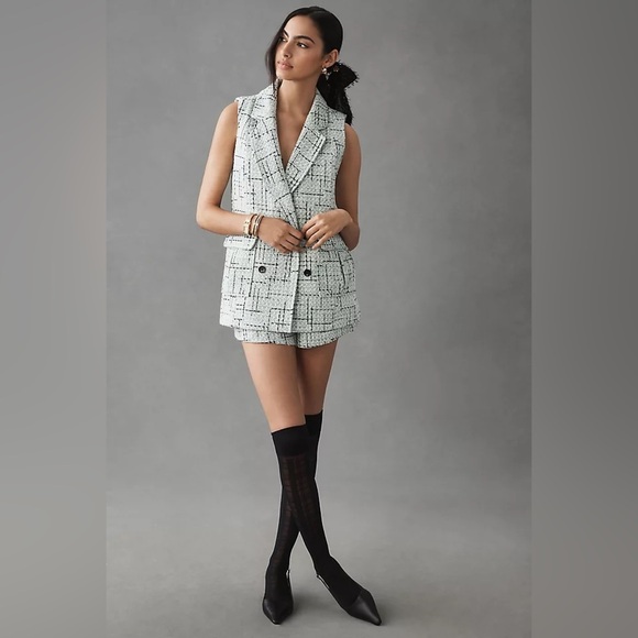 Anthropologie Maeve Green Tweed Double Breasted Blazer Vest Jacket Womens 6 New - Picture 1 of 9